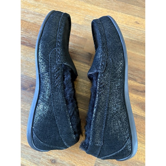 Abeo Leather Slippers Size 8 Black Leather Sparkle Moccasins Sheepskin Lining - Picture 12 of 16